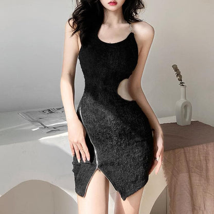Textured zip-up drawstring hollow out halter long sleeve 2 piece cut out mini dress