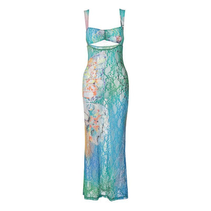 Hollow out butterfly pattern lace tie dye cut out maxi dress