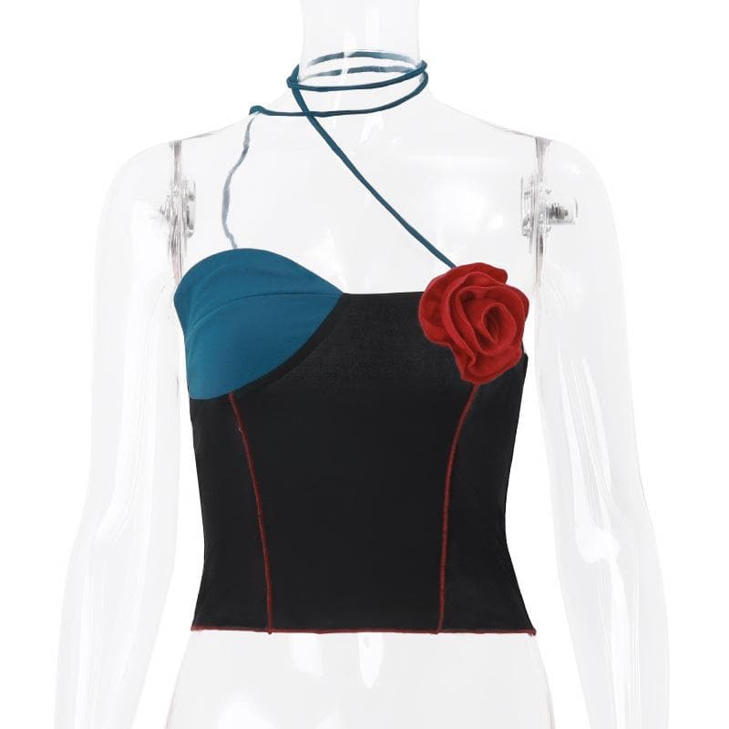 Flower applique patchwork irregular halter stitch crop top