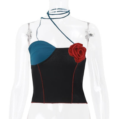 Flower applique patchwork irregular halter stitch crop top