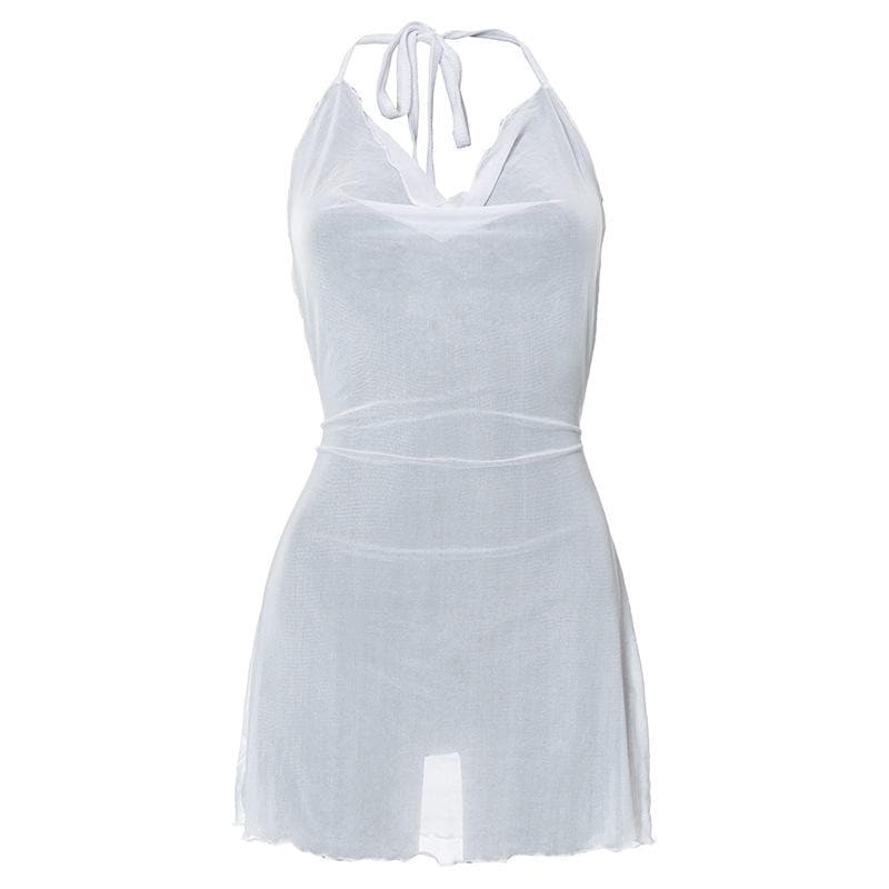 Halter cowl neck sheer mesh ruffle mini dress