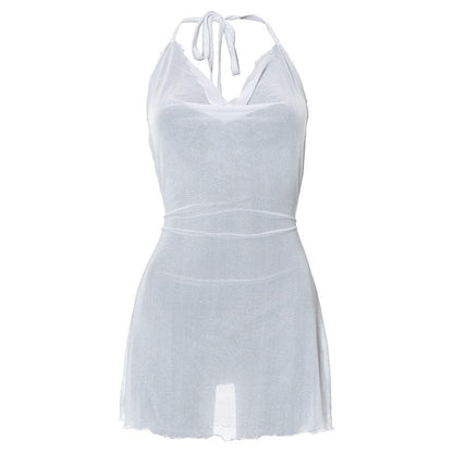 Halter cowl neck sheer mesh ruffle mini dress