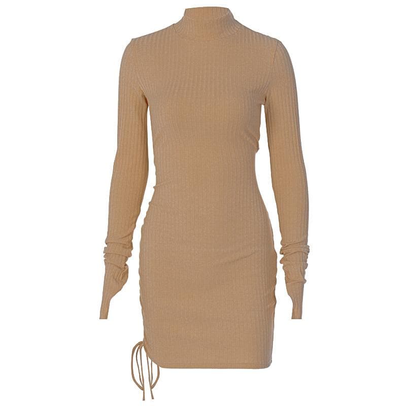 Long Sleeve High Neck Drawstring Ruched Ribbed Knit Mini Dress