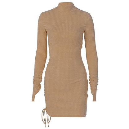 Long Sleeve High Neck Drawstring Ruched Ribbed Knit Mini Dress