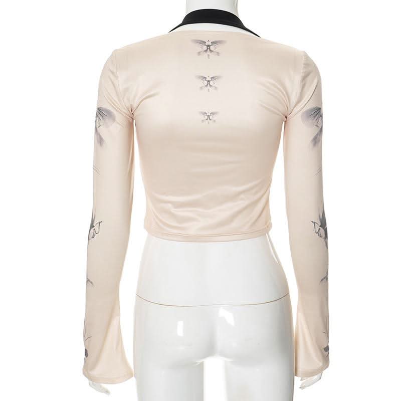 Halter long flared sleeve print hollow out crop cut out top