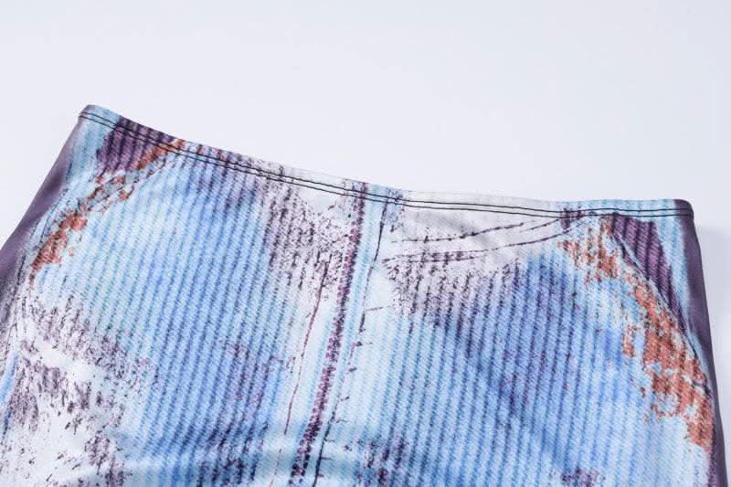 Contrast body print long sleeve high neck patchwork maxi skirt set-final-sale