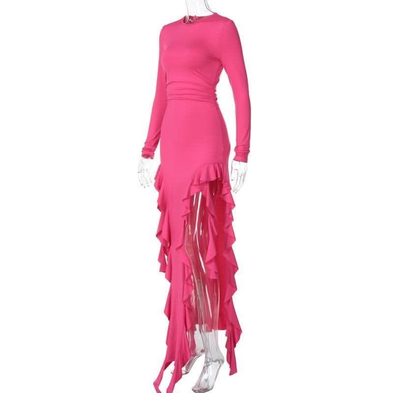 Long sleeve crewneck ruffle slit solid ruched maxi dress-final-sale