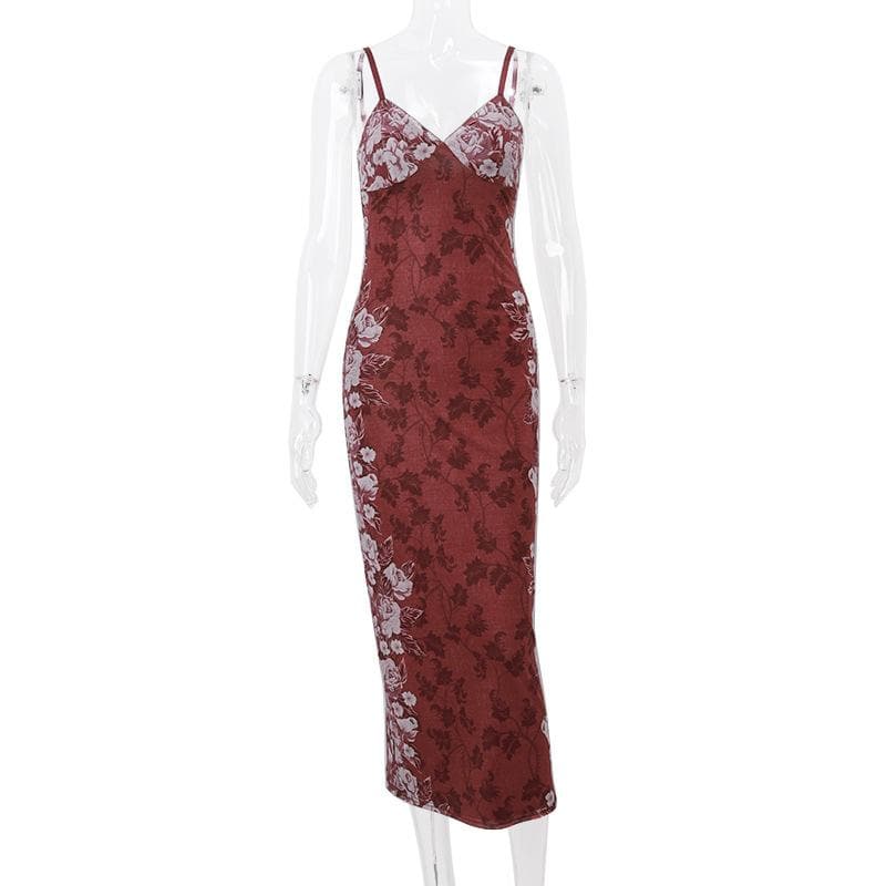 Placed Floral V Neck Spaghetti Strap Maxi Dress