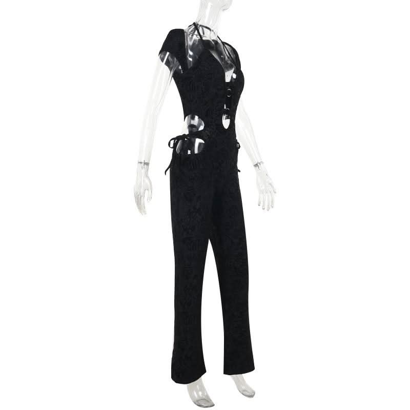Halter o ring self tie hollow out jumpsuit