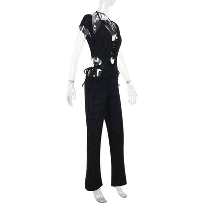 Halter o ring self tie hollow out jumpsuit