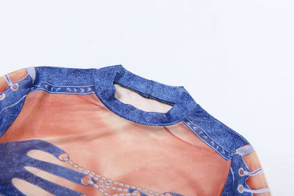 Long sleeve mesh denim print crop pant set