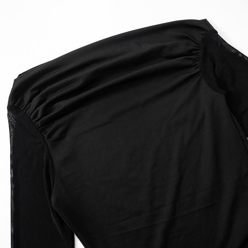 One shoulder long sleeve irregular ruched mesh top