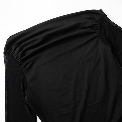 One shoulder long sleeve irregular ruched mesh top