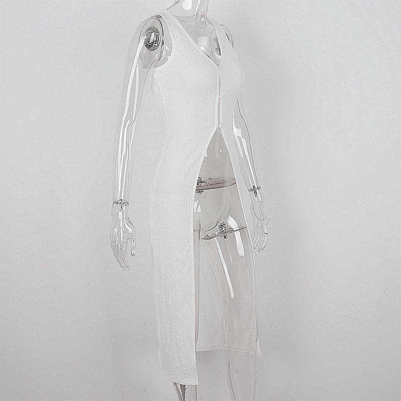 U neck slit button solid sleeveless long top