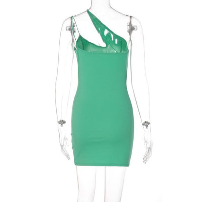 Hollow out slit solid sleeveless one shoulder backless cut out mini dress