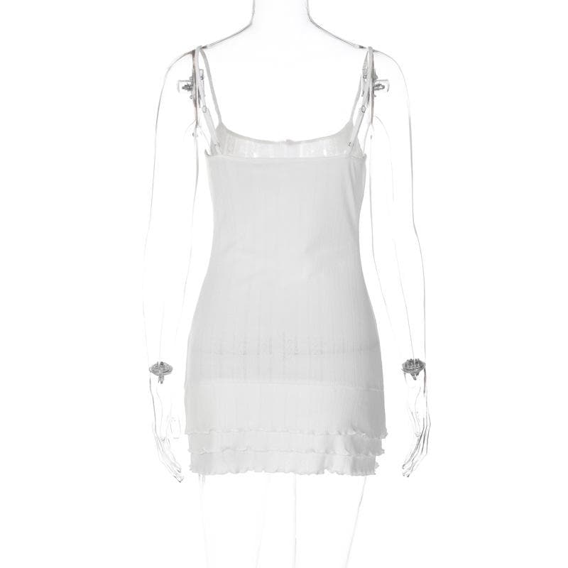 Pointelle Rib Knit Spaghetti Strap Rosebud Applique Tiered Ruffle Mini Dress