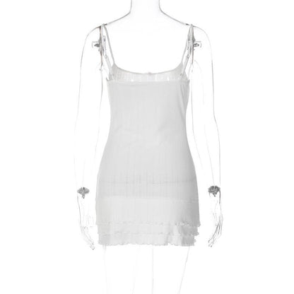 Pointelle Rib Knit Spaghetti Strap Rosebud Applique Tiered Ruffle Mini Dress