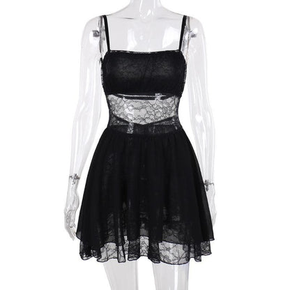 Patchwork lace ruched backless cami mini dress