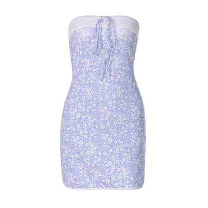 Flower print knotted backless tube mini dress