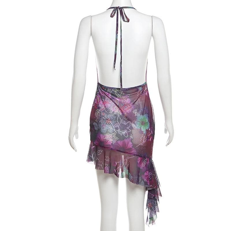 Halter cowl neck beaded sheer mesh print mini dress