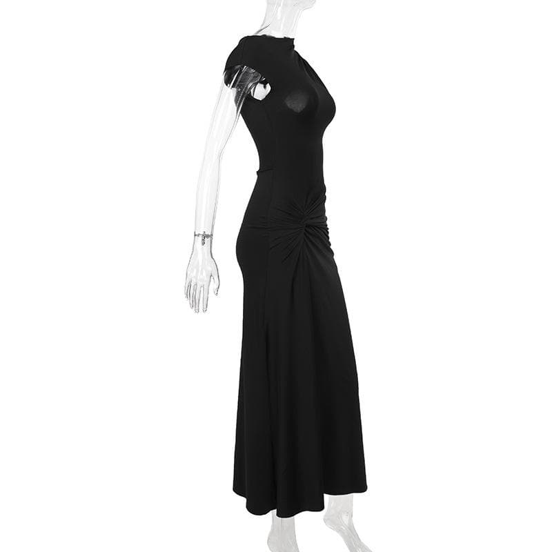 Short sleeve ruched self tie high slit maxi dress