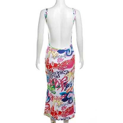 Graffiti Print Sleeveless Scoop Neck Bodycon Trumpet Hem Midi Dress