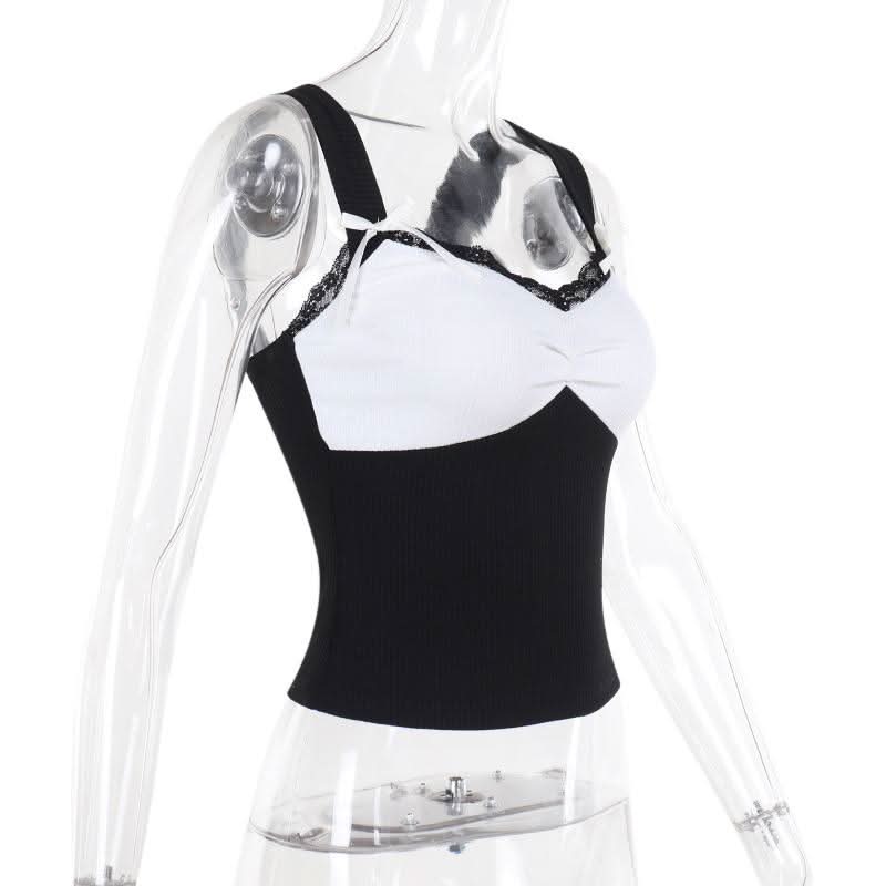 Bowknot v neck lace hem ribbed tank top