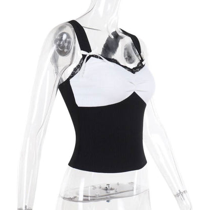 Bowknot v neck lace hem ribbed tank top