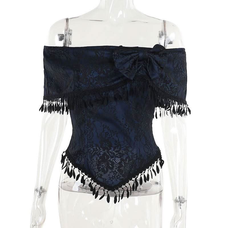 Off shoulder bowknot tassels lace top