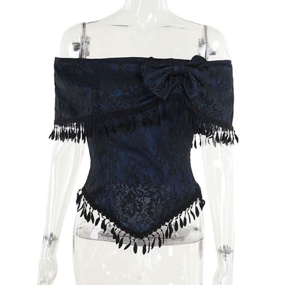 Off shoulder bowknot tassels lace top