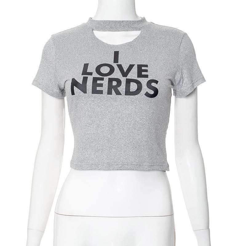 Short sleeve letter print crewneck hollow out crop cut out top