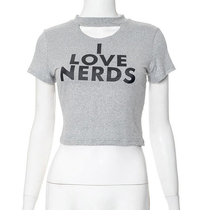 Short sleeve letter print crewneck hollow out crop cut out top