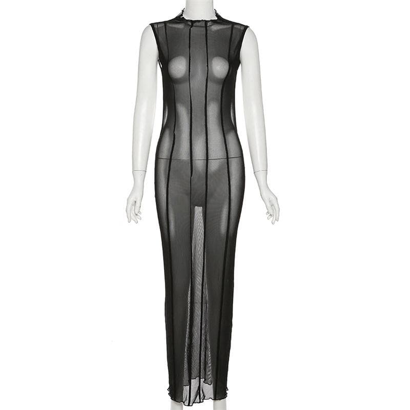 High Neck Vertical Panel Sheer Mesh Backless Maxi Dress