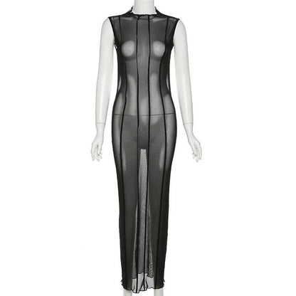 High Neck Vertical Panel Sheer Mesh Backless Maxi Dress