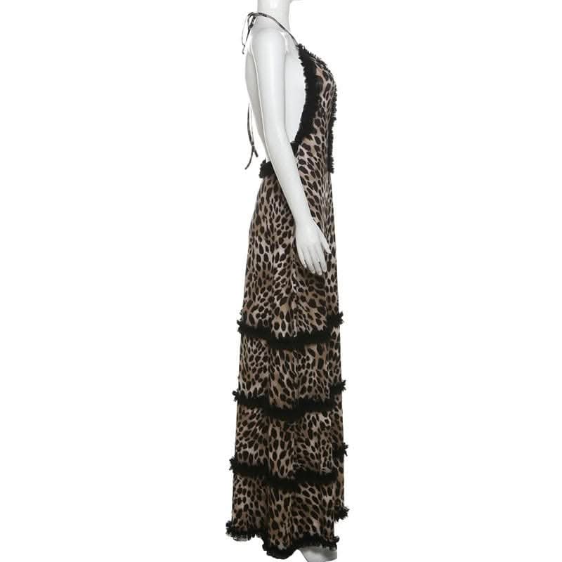 Halter deep v neck leopard print ruffle maxi dress-final-sale