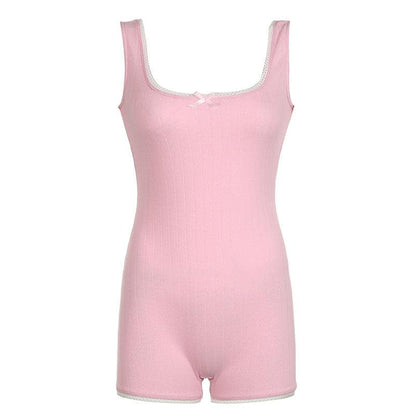 Square neck bowknot textured lace hem romper