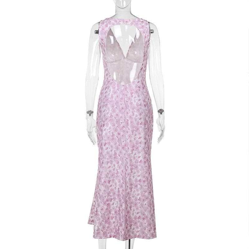 Textured v neck backless print tank midi dress