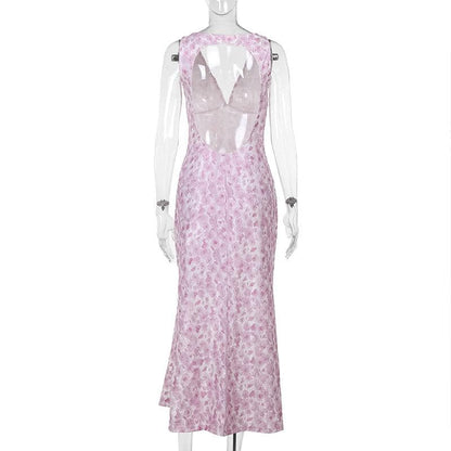 Textured v neck backless print tank midi dress