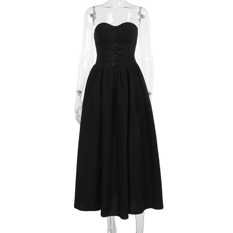 Buckle smocked sweetheart neck tube midi dress