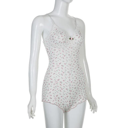 V neck textured flower print cami romper