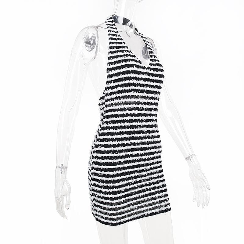 Contrast Striped Fuzzy Knit Halter Neck Backless Bodycon Mini Dress
