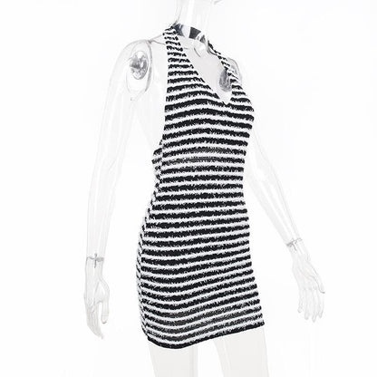 Contrast Striped Fuzzy Knit Halter Neck Backless Bodycon Mini Dress