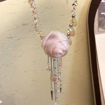 Pink flower decor tassels choker necklace