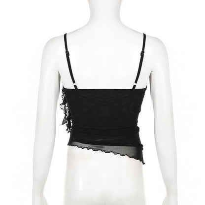 Sheer mesh flower applique ruffle u neck irregular crop top