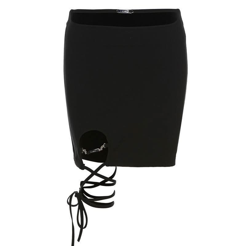 Hollow out metal chain self tie zip-up cut out mini skirt