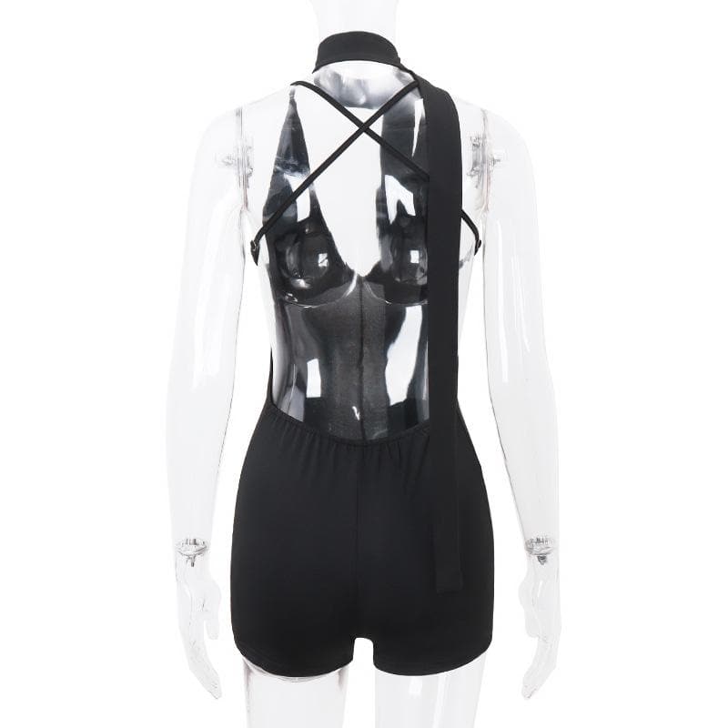 Deep V neck cross back backless ruched solid cami romper