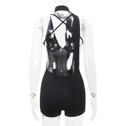 Deep V neck cross back backless ruched solid cami romper