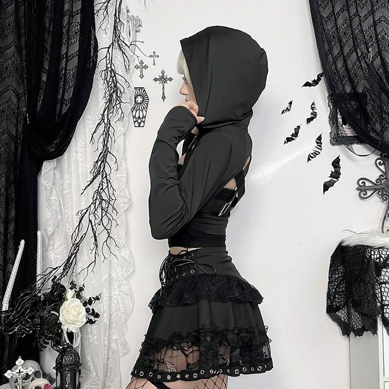 Hoodie long sleeve buckle cross back crop top