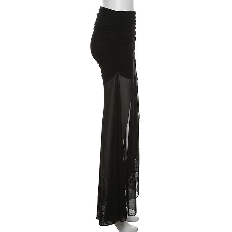 Mesh ruffle ruched slit solid maxi skirt