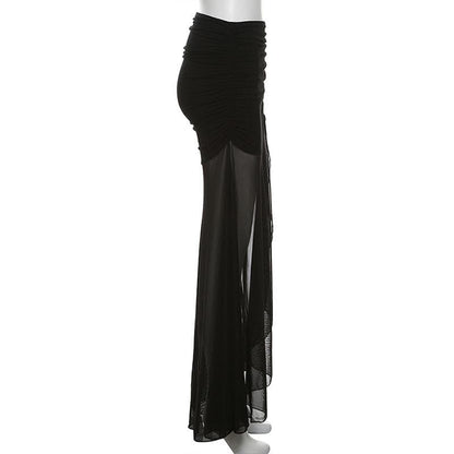 Mesh ruffle ruched slit solid maxi skirt